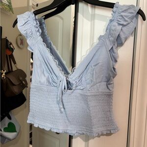 Garage Blue and White Ruffled Smocked Tank Top